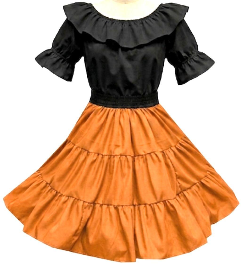 The Basic Square Dance Outfit w/Black Blouse from Square Up Fashions features a black ruffled off-shoulder short sleeve top and a vibrant 3-tier orange skirt, finished with an elastic waistband for comfort.