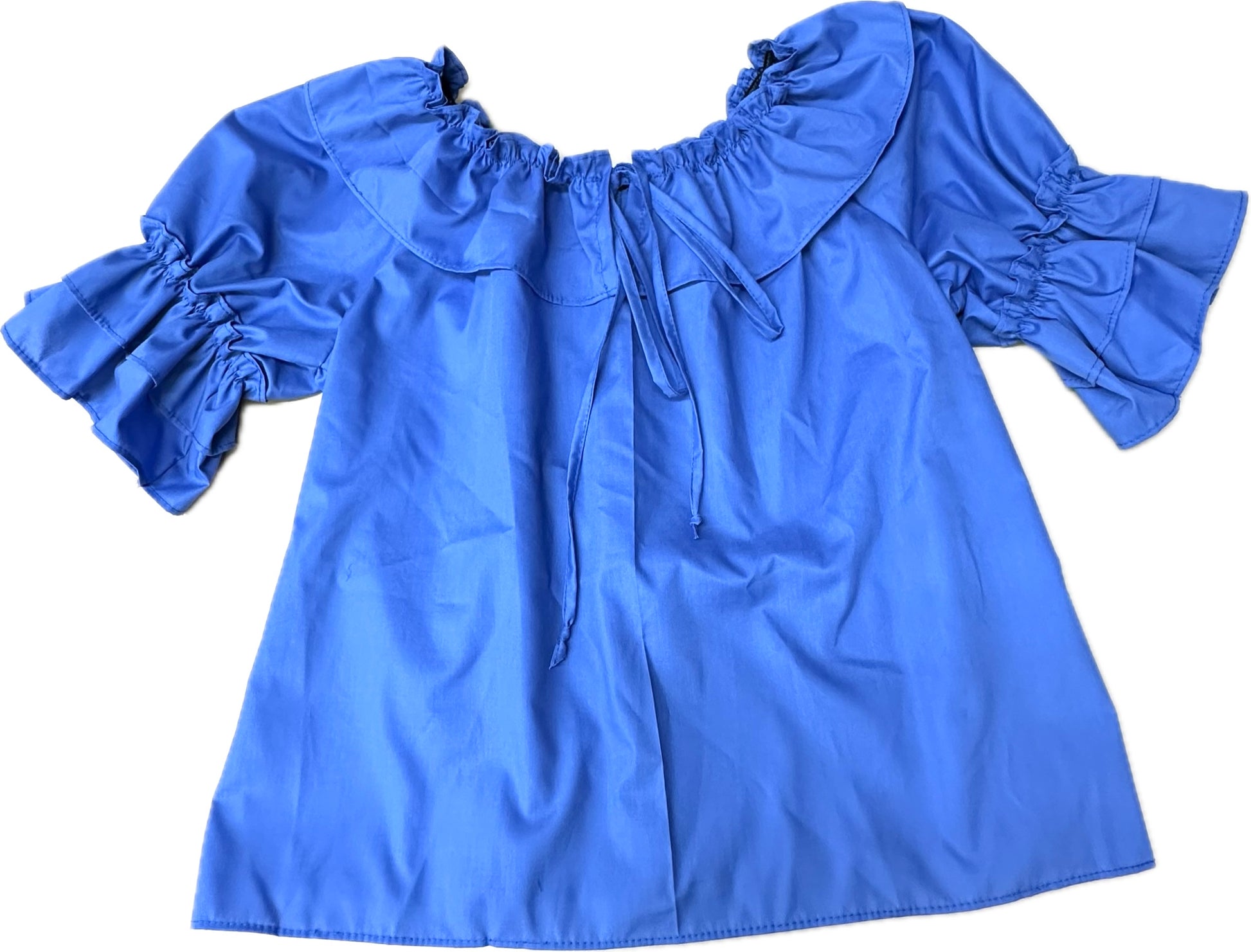 The Square Up Fashions Faux Drawstring Blouse is a blue off-shoulder top with a ruffled neckline, double ruffle sleeve detail, and short puffed sleeves for comfort.