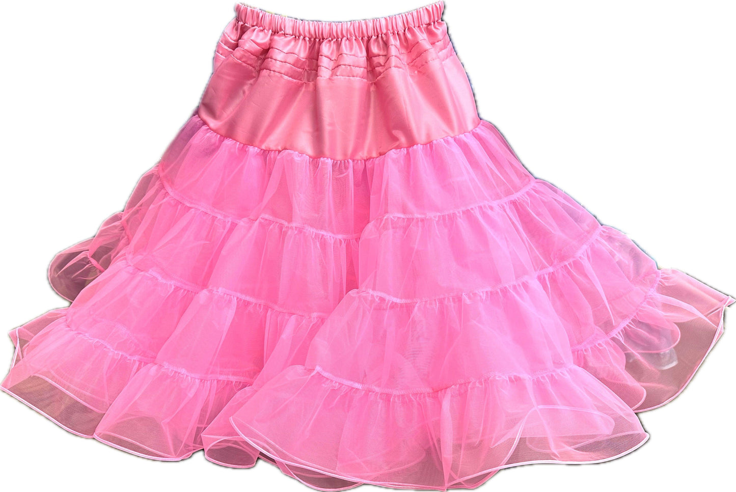 The Organdy Stiff Petticoat by Square Up Fashions features pink, multi-layered ruffled tulle and a satin waistband—an adjustable petticoat ideal for wearing under skirts and dresses.