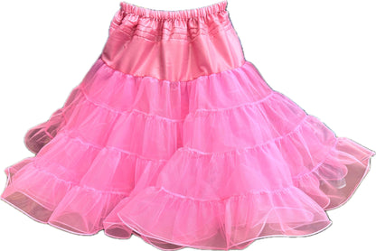 The Organdy Stiff Petticoat by Square Up Fashions features pink, multi-layered ruffled tulle and a satin waistband—an adjustable petticoat ideal for wearing under skirts and dresses.