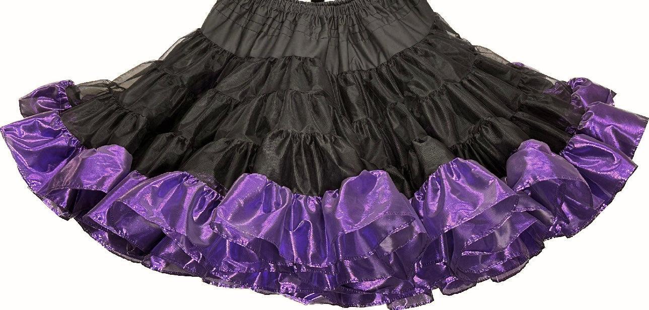 The Square Up Fashions Combo Metallic Petticoat (60 yard) features black layers, shiny purple metallic trim, and tissue lame fabric—perfect for making your square dance outfit stand out.