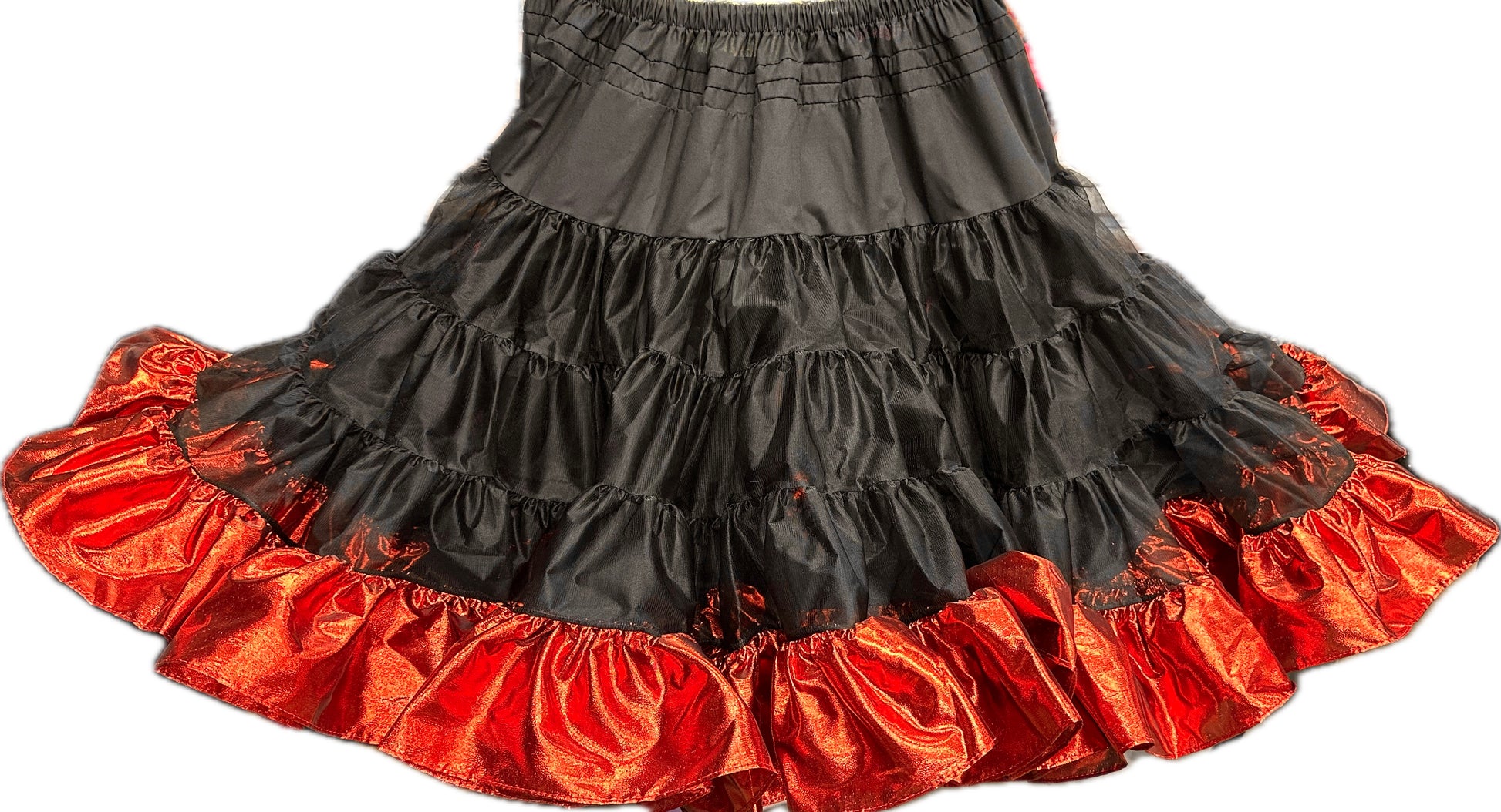 The Square Up Fashions Combo Metallic Petticoat (60 yard) features a tiered black skirt with shiny red tissue lame ruffles at the hem, perfect for square dance outfits. Displayed on a white background.
