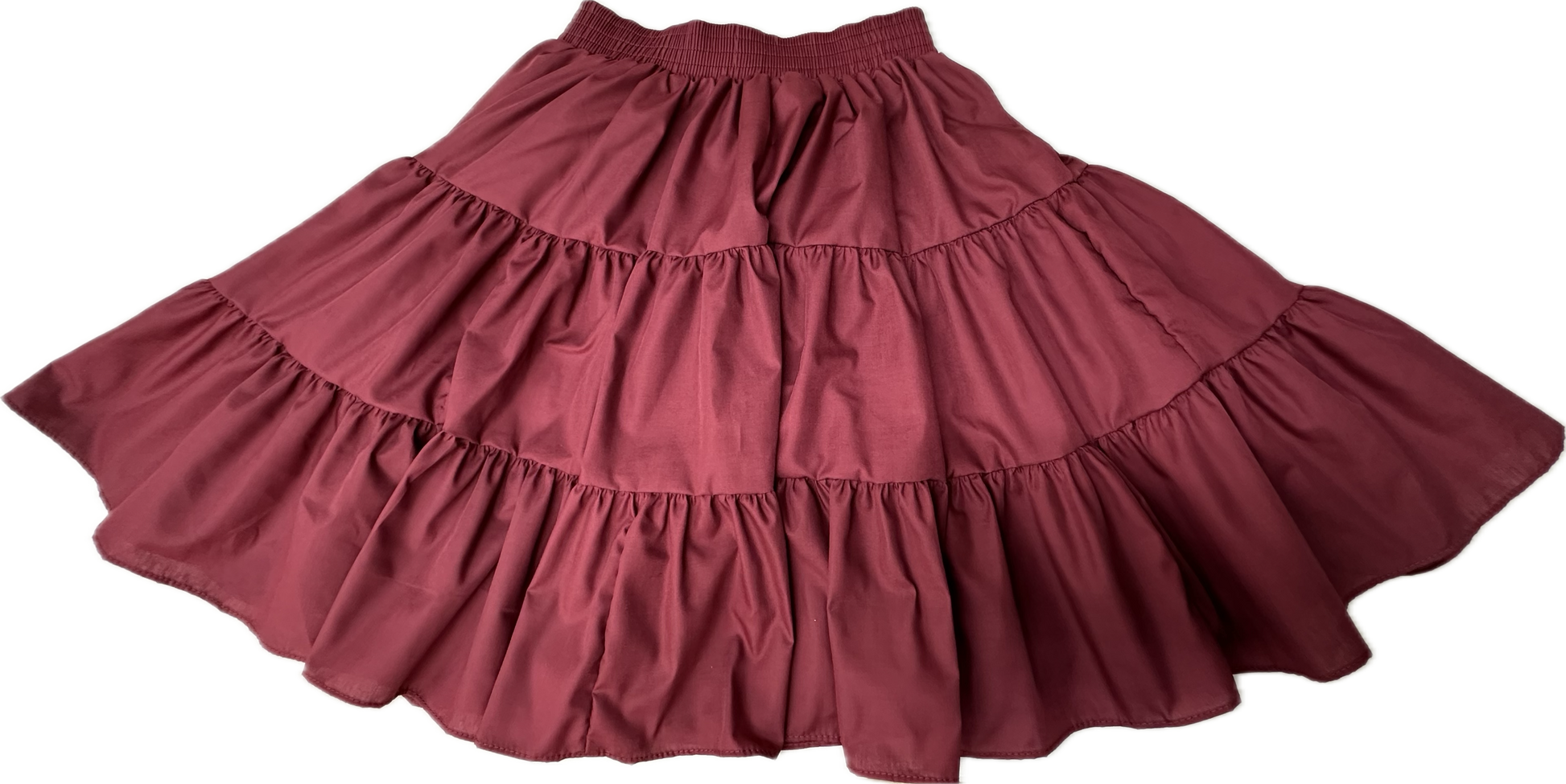The Square Up Fashions Basic 3 Tier Square Dance Skirt features maroon ruffled layers, an elastic waistband, and a knee-length design—perfect for elevating your wardrobe, shown on a white background.