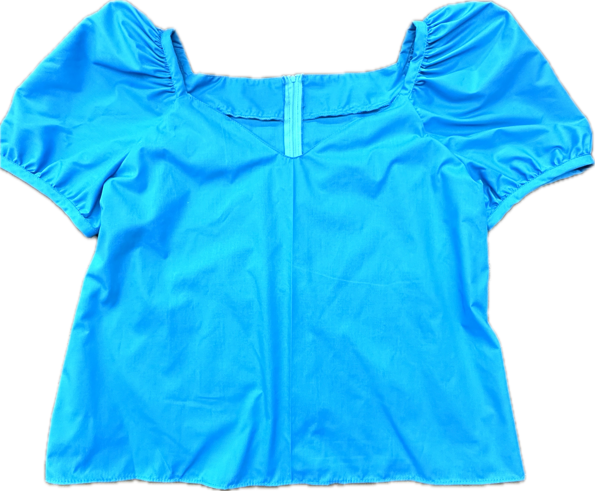The Sweetheart Neck Blouse by Square Up Fashions features a square neckline, puffed short sleeves, front center seam, and a back zipper for easy wear in stylish blue.