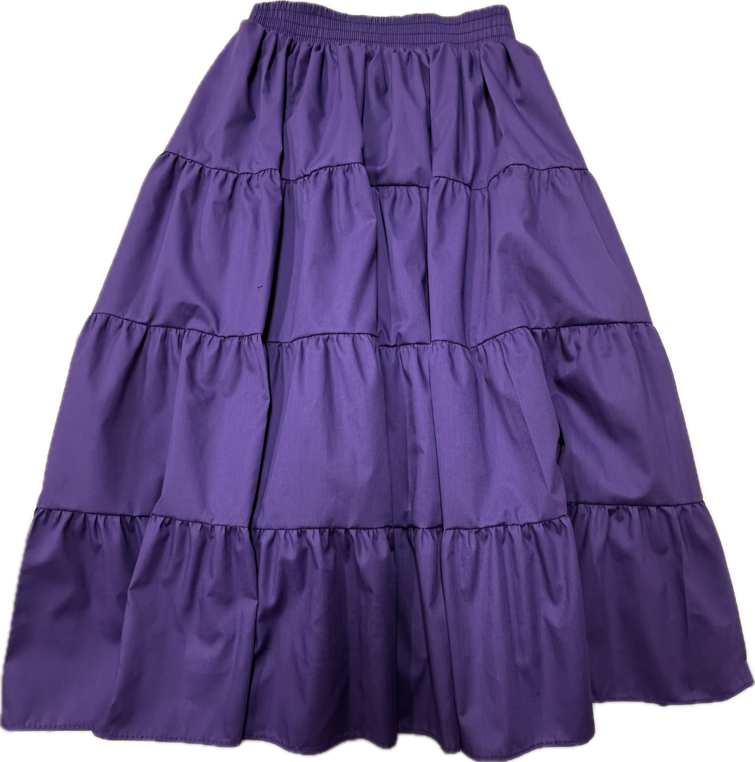 The Basic 4 Tier Prairie Skirt by Square Up Fashions is a purple, ankle-length A-line skirt with four tiers, an elastic waistband, and gathered ruffle details. Custom sizes available.