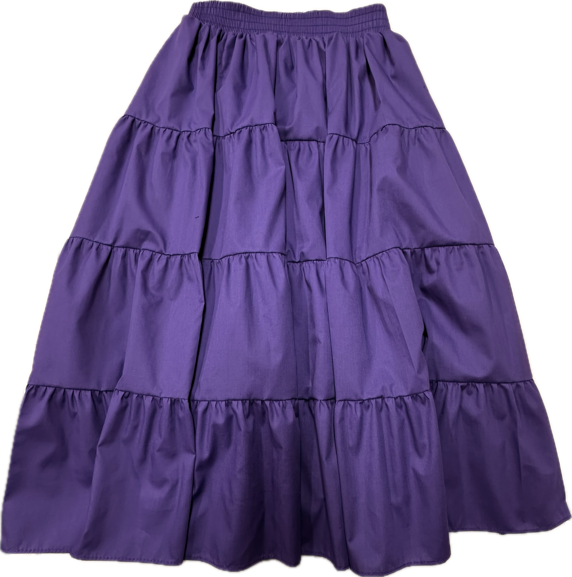 The Basic 4 Tier Prairie Skirt by Square Up Fashions is a purple, ankle-length A-line skirt with four tiers, an elastic waistband, and gathered ruffle details. Custom sizes available.