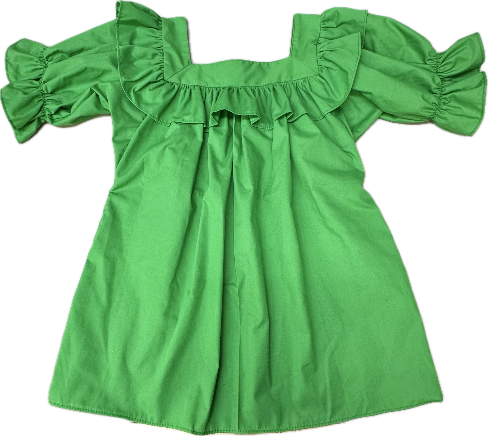 The Square Neck Blouse by Square Up Fashions features a green, short-sleeved design with ruffled details on the neckline and sleeves, shown laid flat.