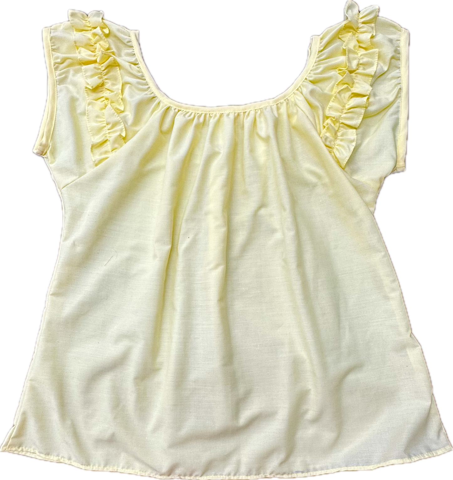Square Up Fashions' Basic Ruffle Blouse in light yellow features ruffled shoulders and cap sleeves, shown flat on a white background. Custom sizes available.