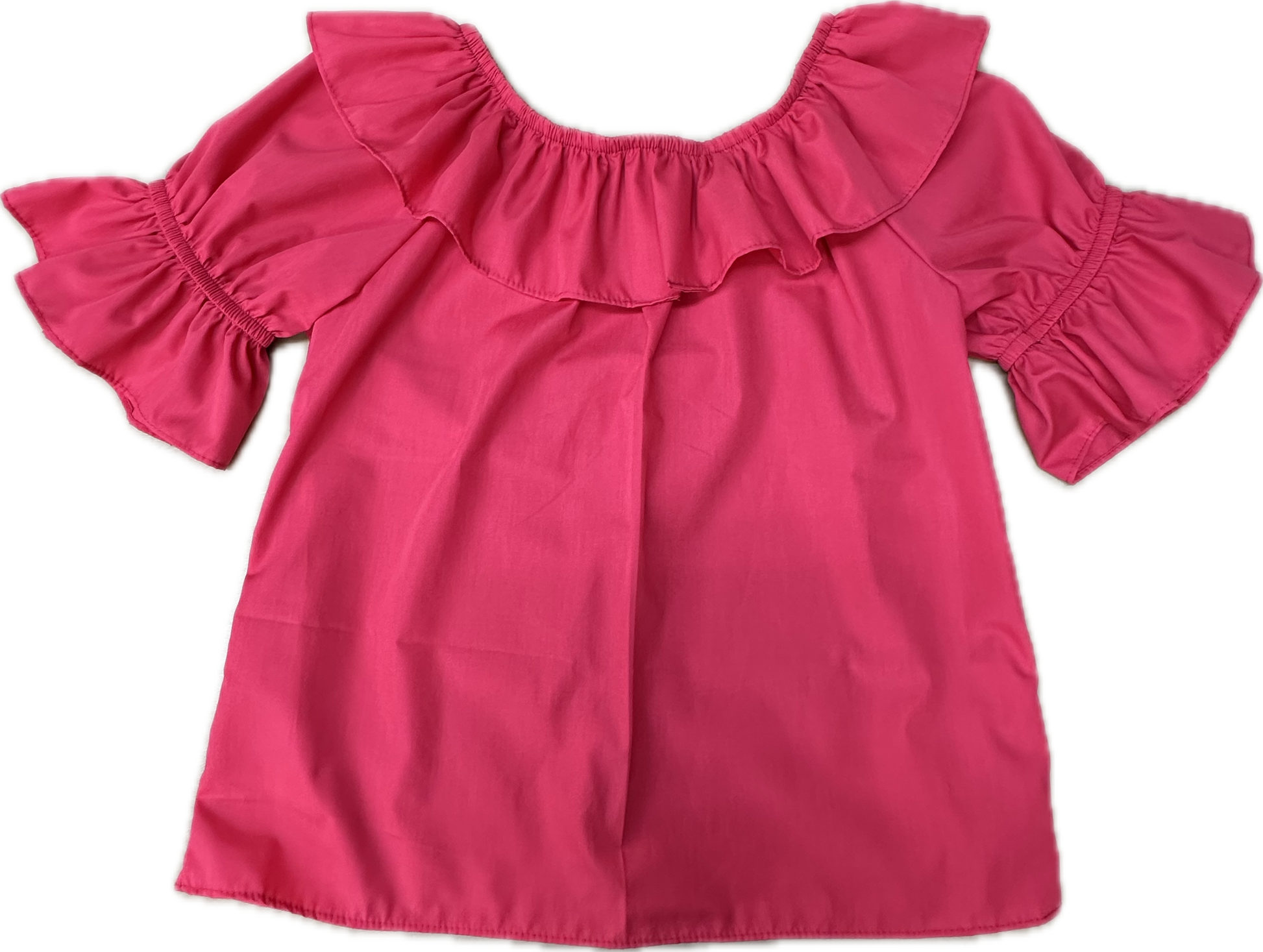 The Square Up Fashions Scoop Neck Blouse is a bright pink, short-sleeved top with ruffled sleeves and an off-the-shoulder split ruffle collar, shown laid flat on a white background.