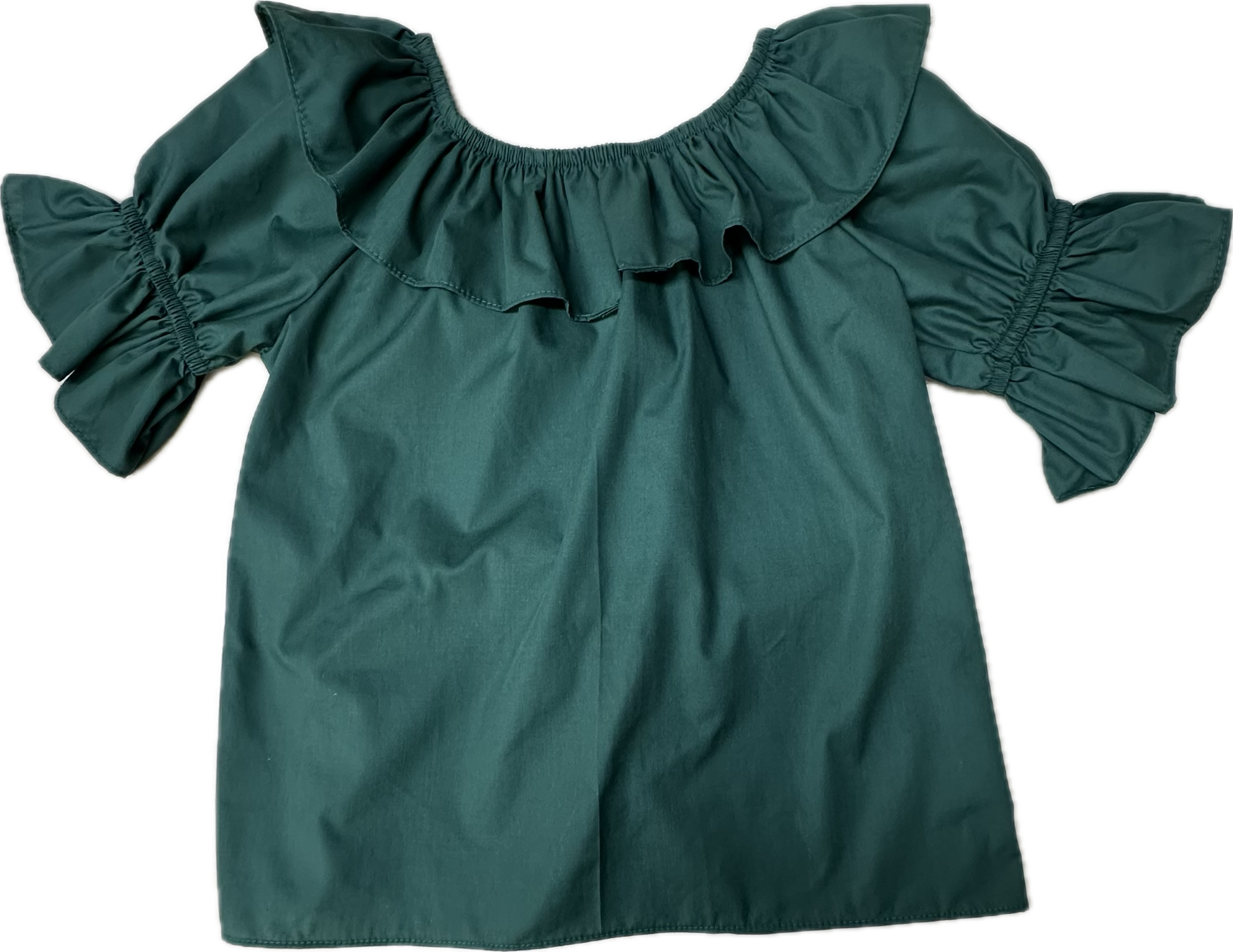 The Square Up Fashions Scoop Neck Blouse in dark green features an off-the-shoulder design with a split ruffle collar and ruffled sleeves, shown flat on a white background.