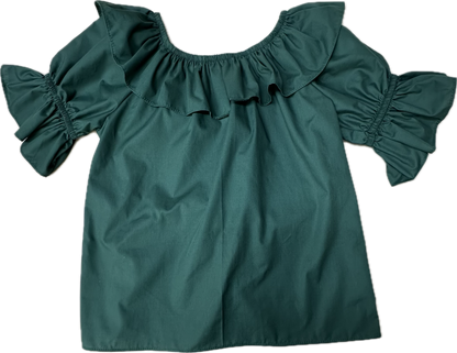 The Square Up Fashions Scoop Neck Blouse in dark green features an off-the-shoulder design with a split ruffle collar and ruffled sleeves, shown flat on a white background.