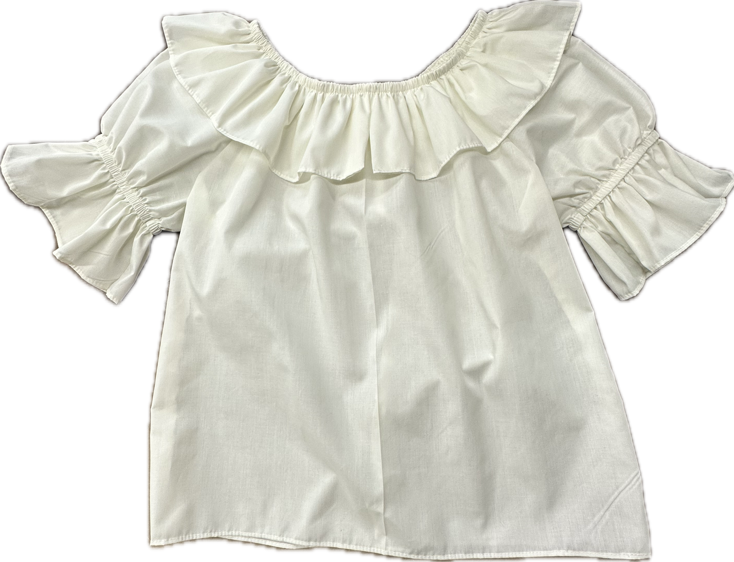 The Scoop Neck Blouse by Square Up Fashions is a white short-sleeve top with ruffled sleeves, a wide ruffled neckline, and an ample fit, shown laid flat on a plain background.