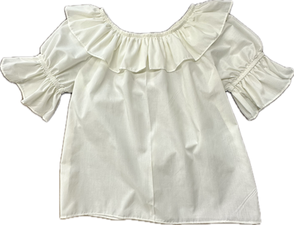 The Scoop Neck Blouse by Square Up Fashions is a white short-sleeve top with ruffled sleeves, a wide ruffled neckline, and an ample fit, shown laid flat on a plain background.