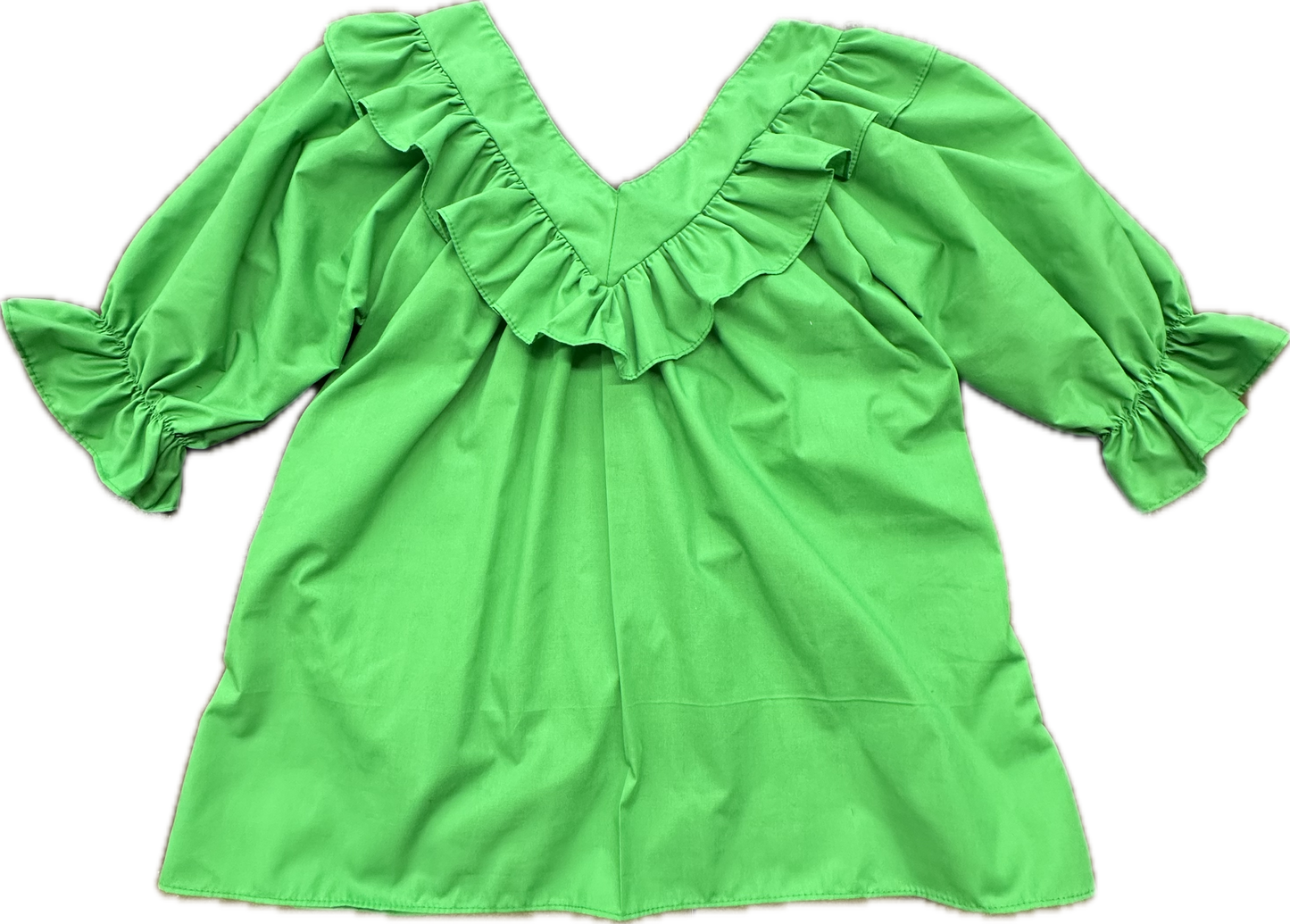 The Square Up Fashions V Neck 3/4 Sleeve Blouse in bright green features a ruffled neckline and puffed sleeves, displayed flat on a white background.
