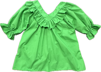 The Square Up Fashions V Neck 3/4 Sleeve Blouse in bright green features a ruffled neckline and puffed sleeves, displayed flat on a white background.
