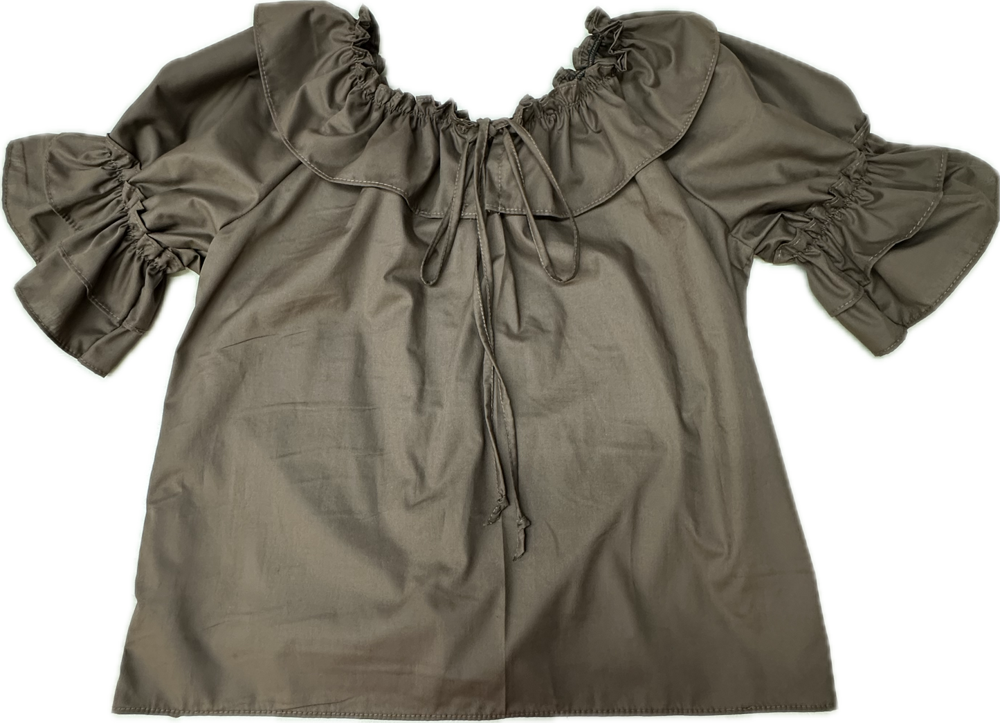 The Square Up Fashions Faux Drawstring Blouse features a loose fit, short sleeves, ruffled collar, gathered neckline, and front ties in olive green for comfort and style.