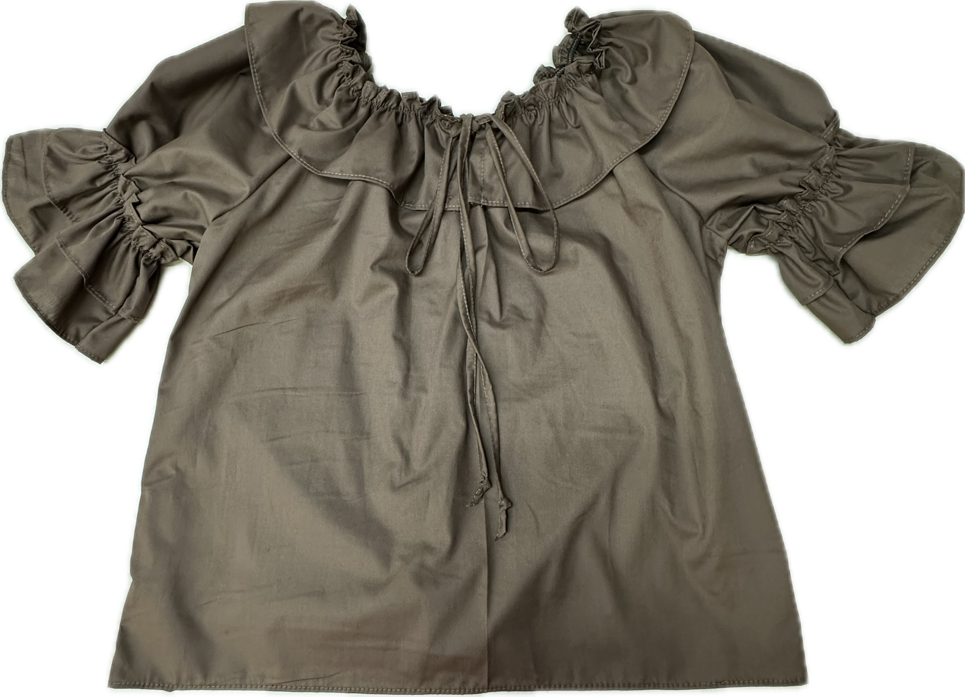The Square Up Fashions Faux Drawstring Blouse features a loose fit, short sleeves, ruffled collar, gathered neckline, and front ties in olive green for comfort and style.