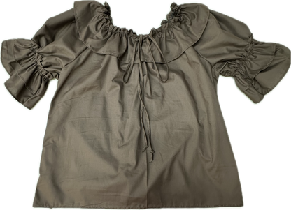 The Square Up Fashions Faux Drawstring Blouse features a loose fit, short sleeves, ruffled collar, gathered neckline, and front ties in olive green for comfort and style.