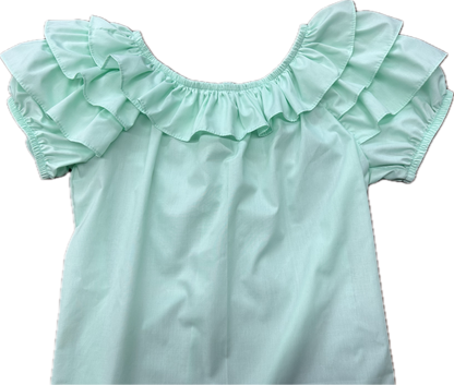 A Triple Ruffle Blouse with mint green color from Square Up Fashions with ruffled sleeves.