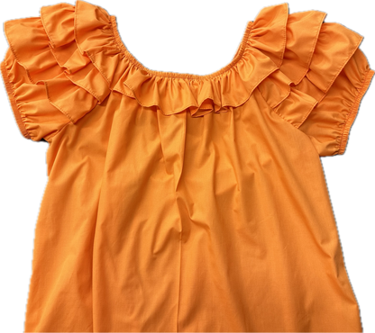 An orange Triple Ruffle Blouse by Square Up Fashions with ruffled sleeves.