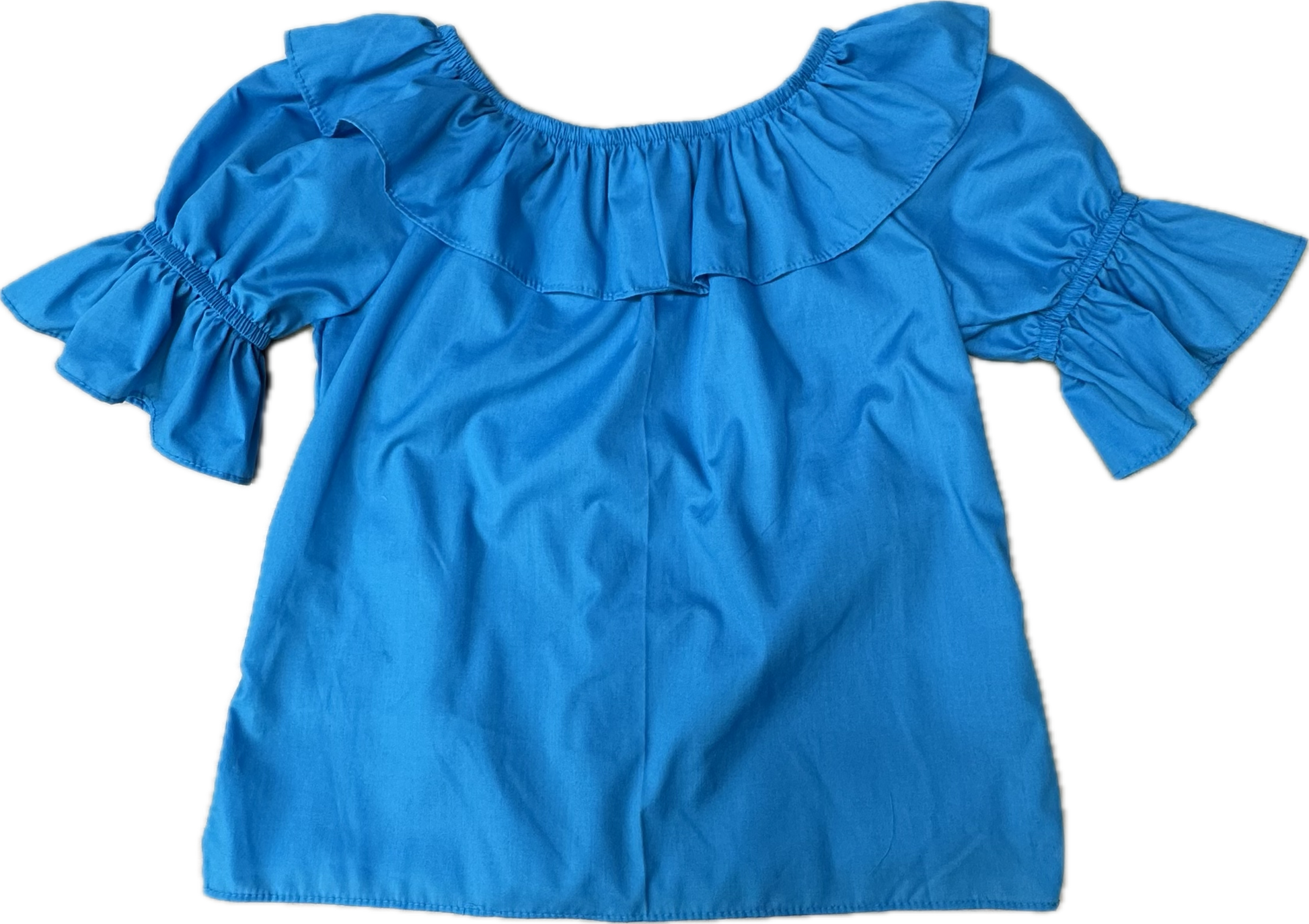 Square Up Fashions Scoop Neck Blouse in bright blue, featuring a split ruffle collar, ruffled sleeves, and relaxed fit. Shown laid flat on a white background.