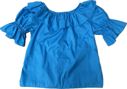 Square Up Fashions Scoop Neck Blouse in bright blue, featuring a split ruffle collar, ruffled sleeves, and relaxed fit. Shown laid flat on a white background.