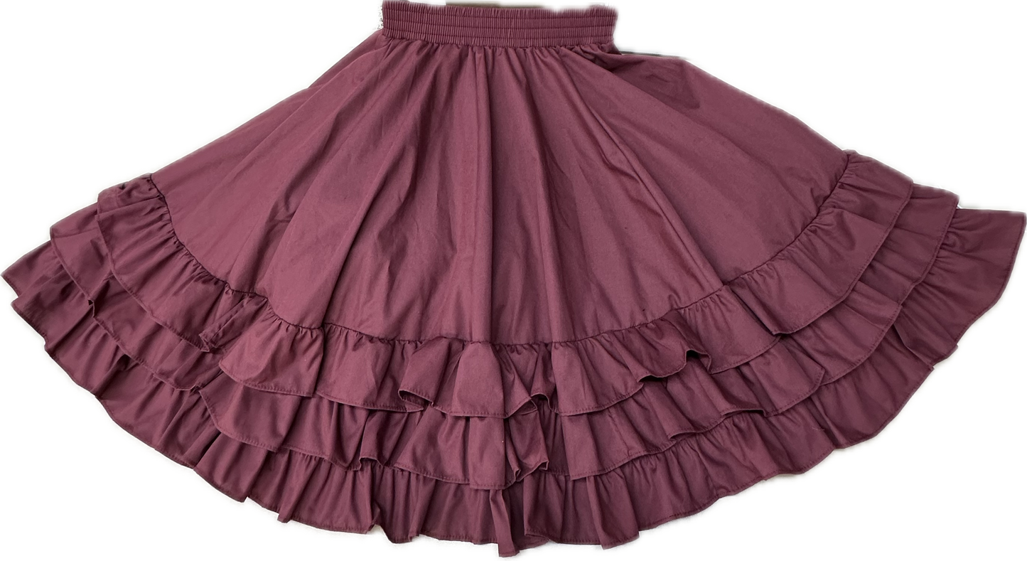 A burgundy "3 Ruffle Square Dance Skirt" by Square Up Fashions, featuring multiple tiers of ruffles, spread out flat against a plain background.