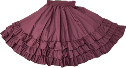 A burgundy "3 Ruffle Square Dance Skirt" by Square Up Fashions, featuring multiple tiers of ruffles, spread out flat against a plain background.