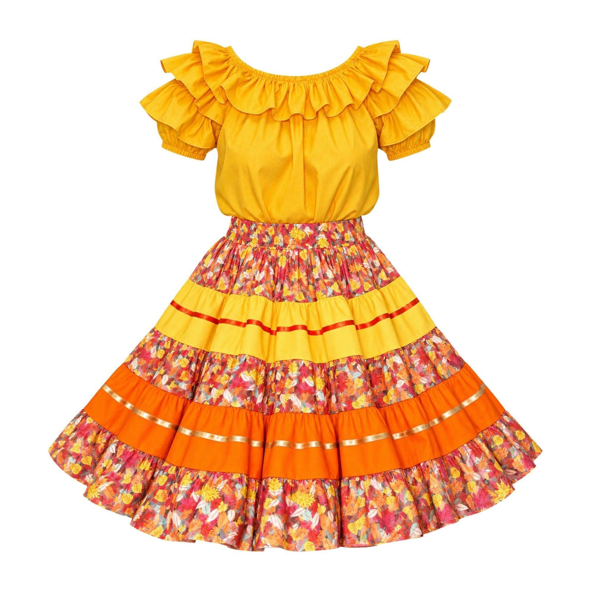 Autumn Leaves Fall Skirt from Square Up Fashions, a 5-tier full-circle skirt with autumn leaf print (shown with Antique Gold blouse)