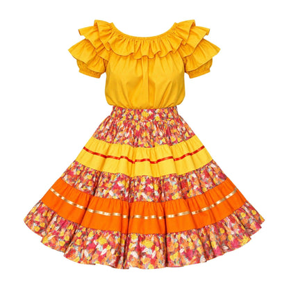 Autumn Leaves Fall Skirt from Square Up Fashions, a 5-tier full-circle skirt with autumn leaf print (shown with Antique Gold blouse)
