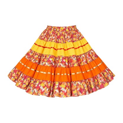 Autumn Leaves Fall Skirt by Square Up Fashions: 5-tier full-circle square dance skirt in an autumn leaf print with Antique Gold and orange tiers and satin ribbon trim