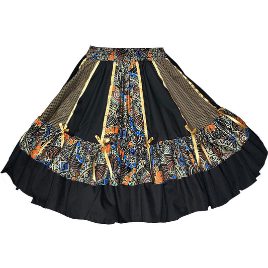 The Sophisticated Gold Stripe Skirt by Square Up Fashions is a knee-length piece adorned with a vibrant, geometric pattern and complemented by sleek black fabric panels. The ruffled hem adds a delightful touch, reminiscent of a traditional Square Dance outfit, while the elasticated waistband ensures comfort and ease.