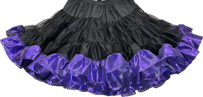 A black and purple skirt with ruffles, perfect for Square Up Fashions' Combo Metallic Petticoat square dance outfit.