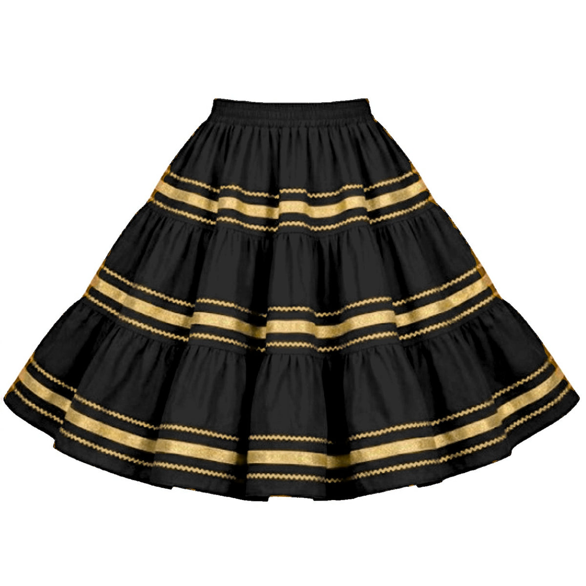 Metallic Square Dance Skirt in Black with Gold Trim