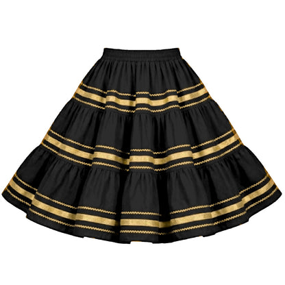 Metallic Square Dance Skirt in Black with Gold Trim