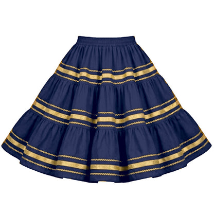 Metallic Square Dance Skirt in Navy Blue with Gold Trim