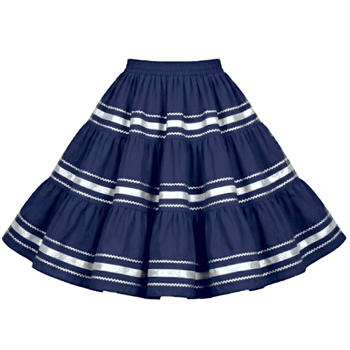 Metallic Square Dance Skirt in Navy Blue with Silver Trim