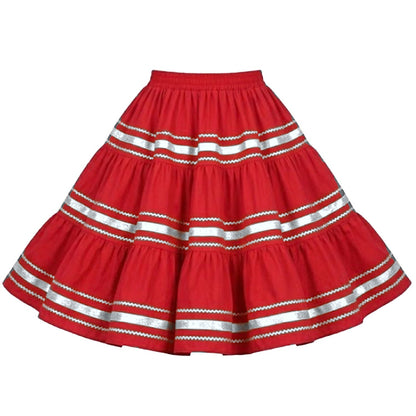 Metallic Square Dance Skirt in Red with Silver Trim