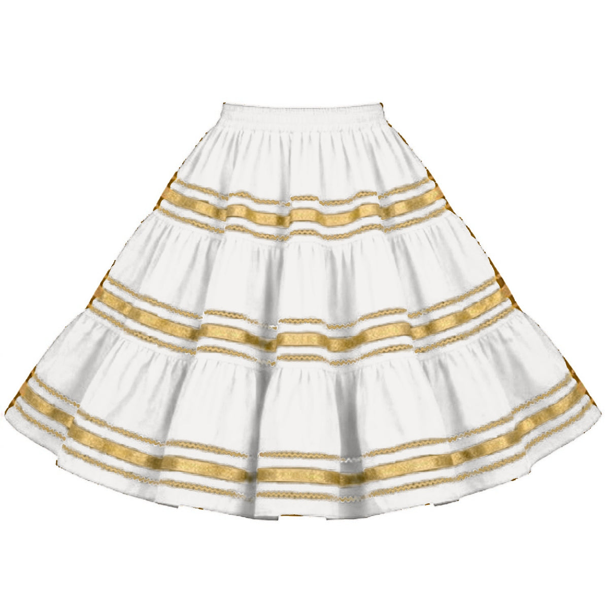 Metallic Square Dance Skirt in White with Gold Trim