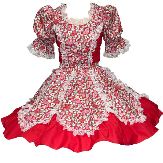 The I Heart You Square Dance Outfit by Square Up Fashions features puffed short sleeves, lace trim, and a white-and-pink heart and sweets print with a flared, layered skirt for a romantic Valentine’s Day style.