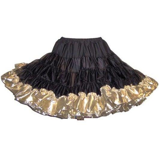 The Square Up Fashions Combo Metallic Petticoat (60 yard) features a black design with a shiny metallic gold ruffled hem in tissue lame—ideal for creating a standout square dance look.
