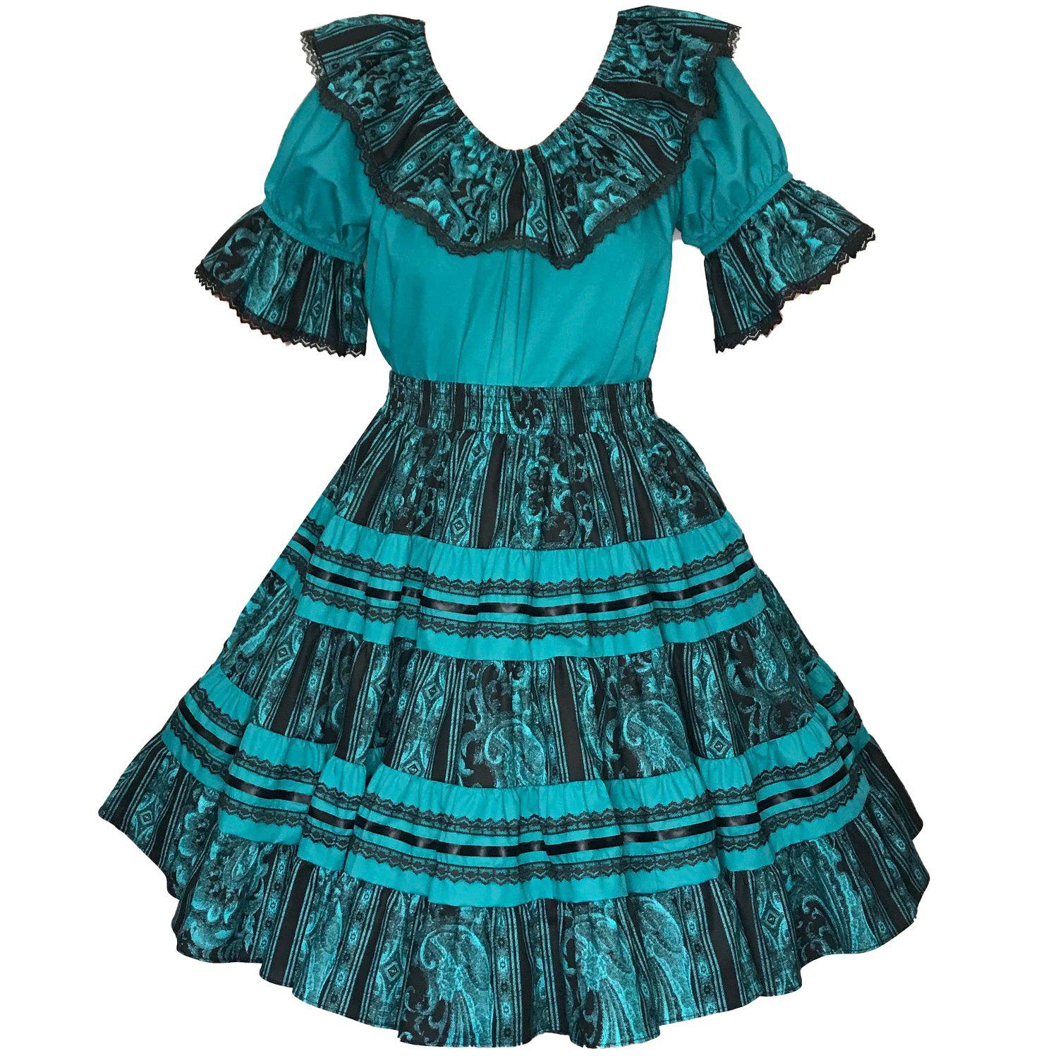 A Regal Stripe Square Dance LARGE Outfit by Square Up Fashions, with short ruffled sleeves and a ruffled neckline, reminiscent of a peasant-style blouse. The dress features a flared skirt adorned with horizontal ruffle details.