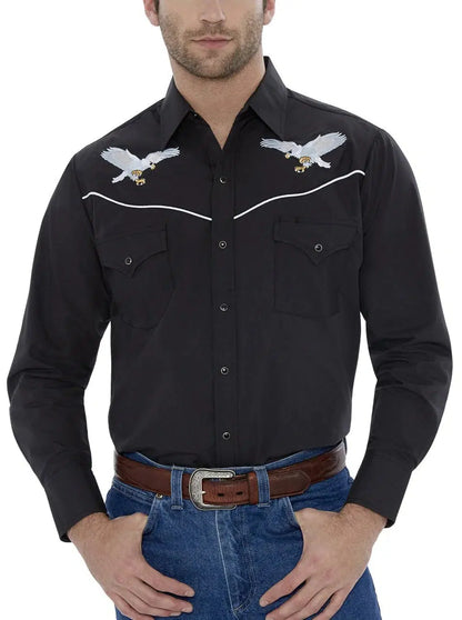 Men's ELY Mens Embroidered Eagle Western Shirt in black, showcasing American pride, with hi-res details.