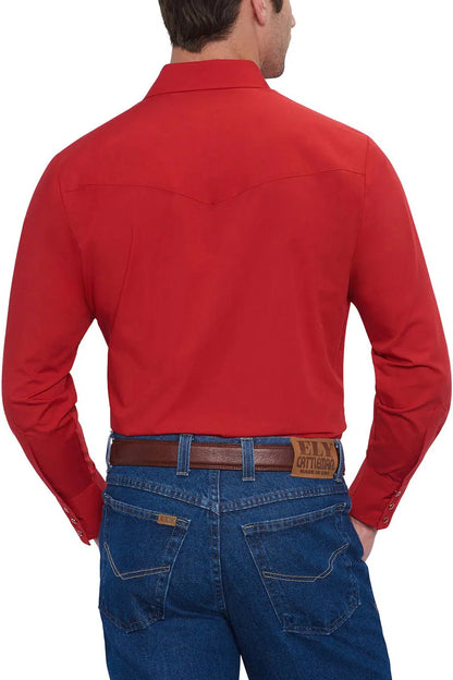 The back of a man wearing jeans and a red long sleeve ELY Men's Long Sleeve Solid Western Snap Solid Shirt with Western Yokes.