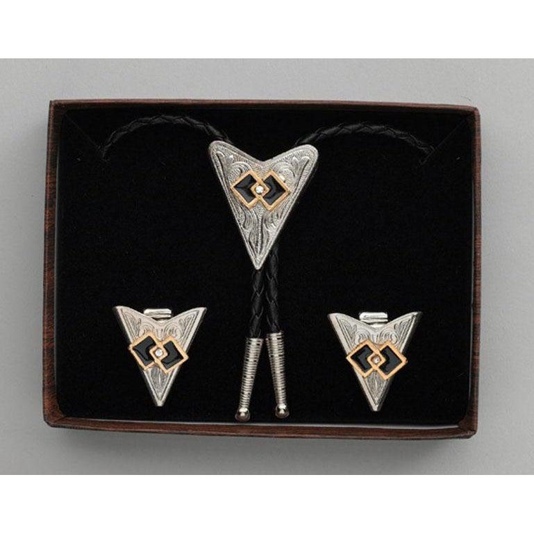 Interlocking Squares & Austrian Crystal Bolo Tie & Collar Tip Set, Collar Tips - Square Up Fashions