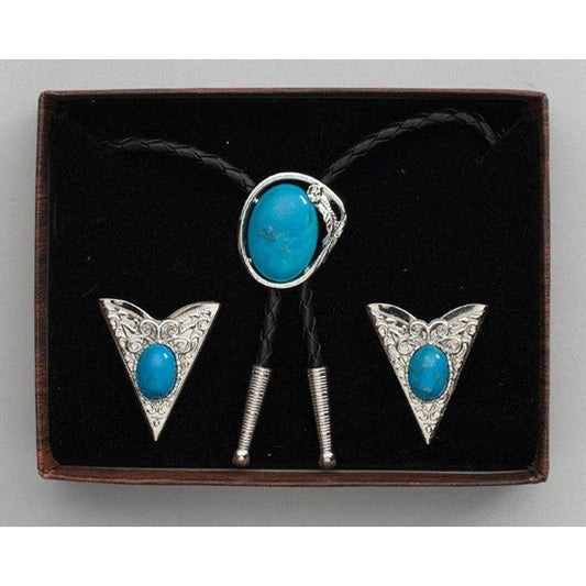 Turquoise Bolo Tie & Collar Tip Set, Collar Tips - Square Up Fashions