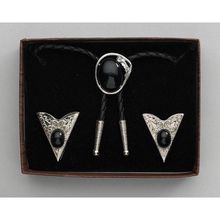 Black Stone Bolo Tie & Collar Tip Set, Collar Tips - Square Up Fashions