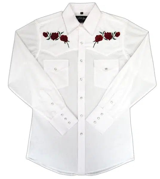 A White Horse brand women's WHITEHORSE western shirt with roses embroidered on it.