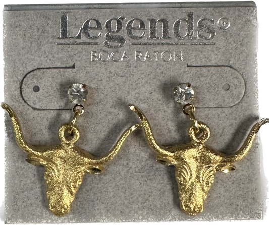 Description: A pair of Golden Steer earrings from Square Up Fashions, featuring diamond-looking studded gold bull heads.