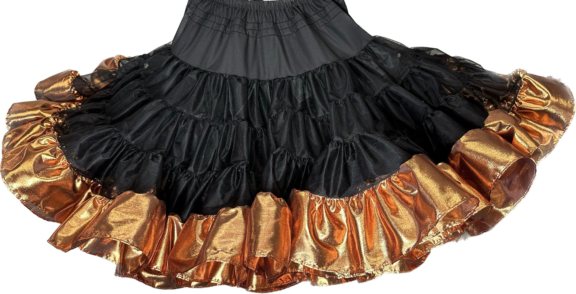 The Combo Metallic Petticoat (60 yard) by Square Up Fashions features black tissue lame with a shiny metallic bronze ruffle hem—perfect for adding flair to your square dance outfit.